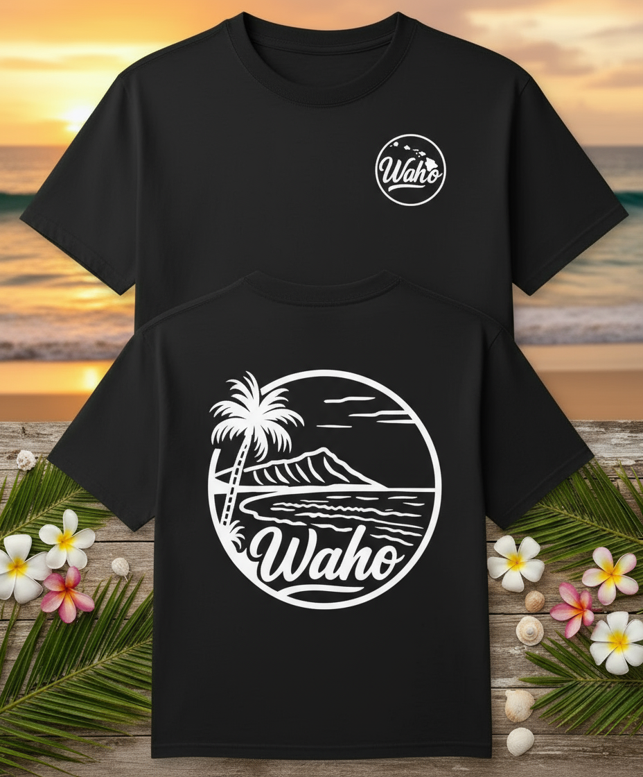Lēʻahi Tee in black with white logos - front and back views at Hawaiian beach sunset