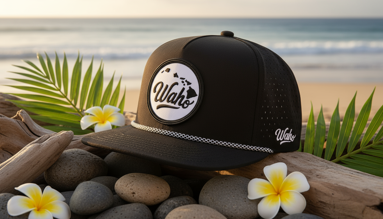Kai Shade Snapback Hat in black with white Waho embroidery