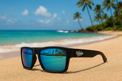 Lani Luxe Polarized Sunglasses with blue lenses on Hawaiian beach