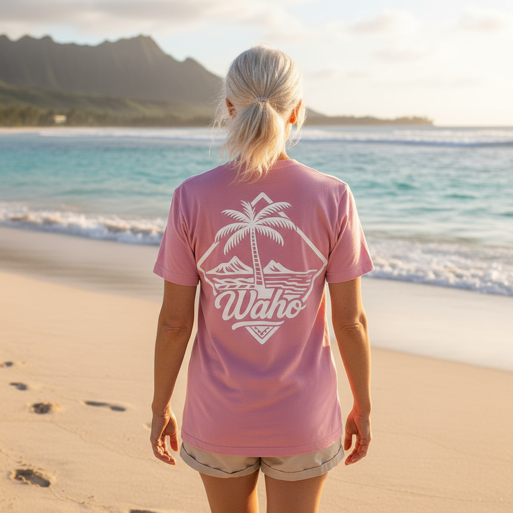 White-haired woman on beach wearing pink Waho tee