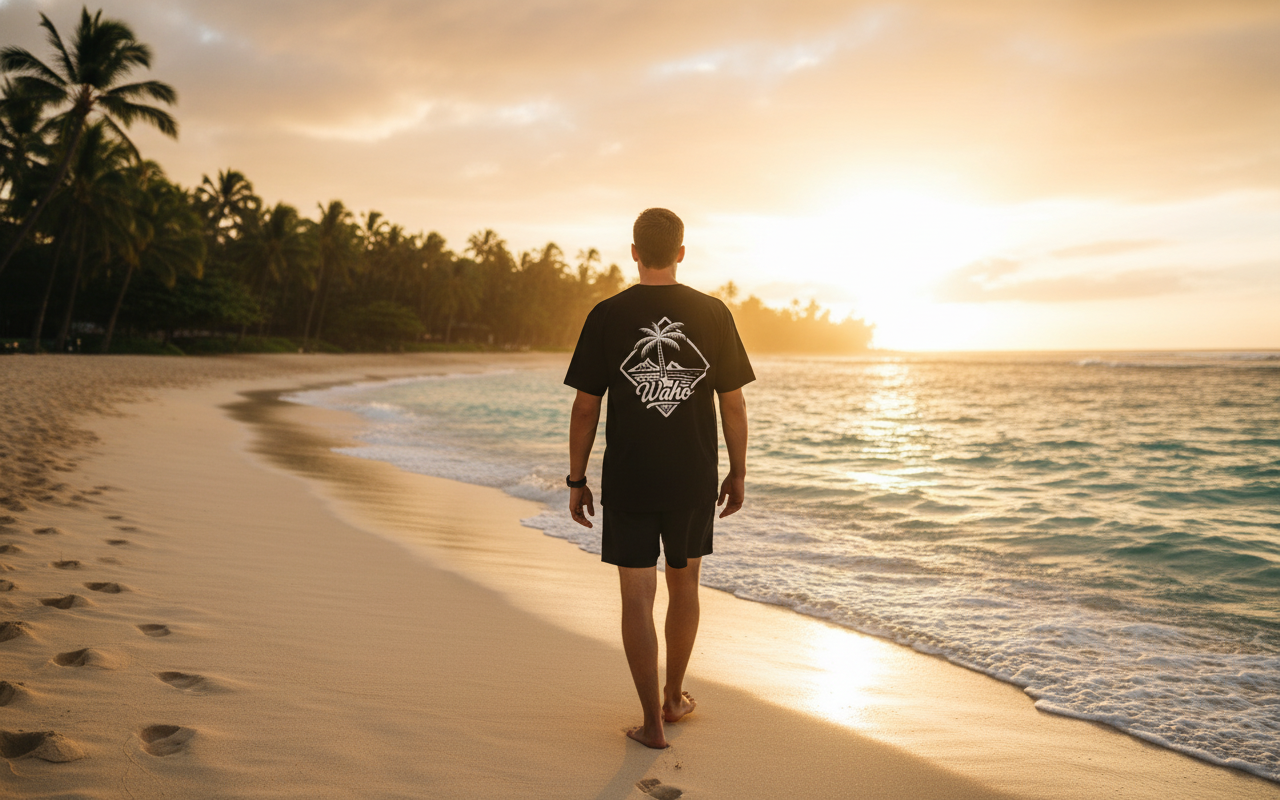 White male walking on beach - back view with Waho logo