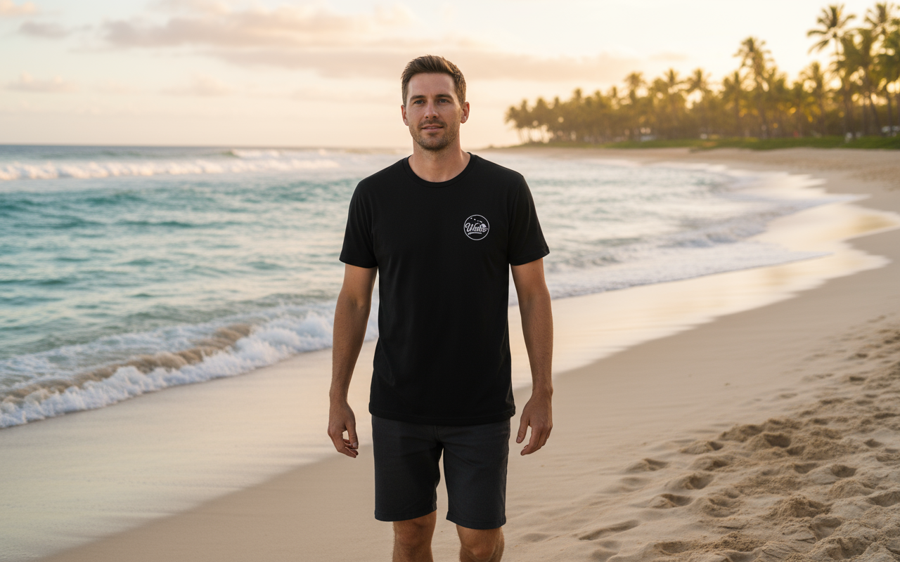 White male walking on beach - front view with Waho logo
